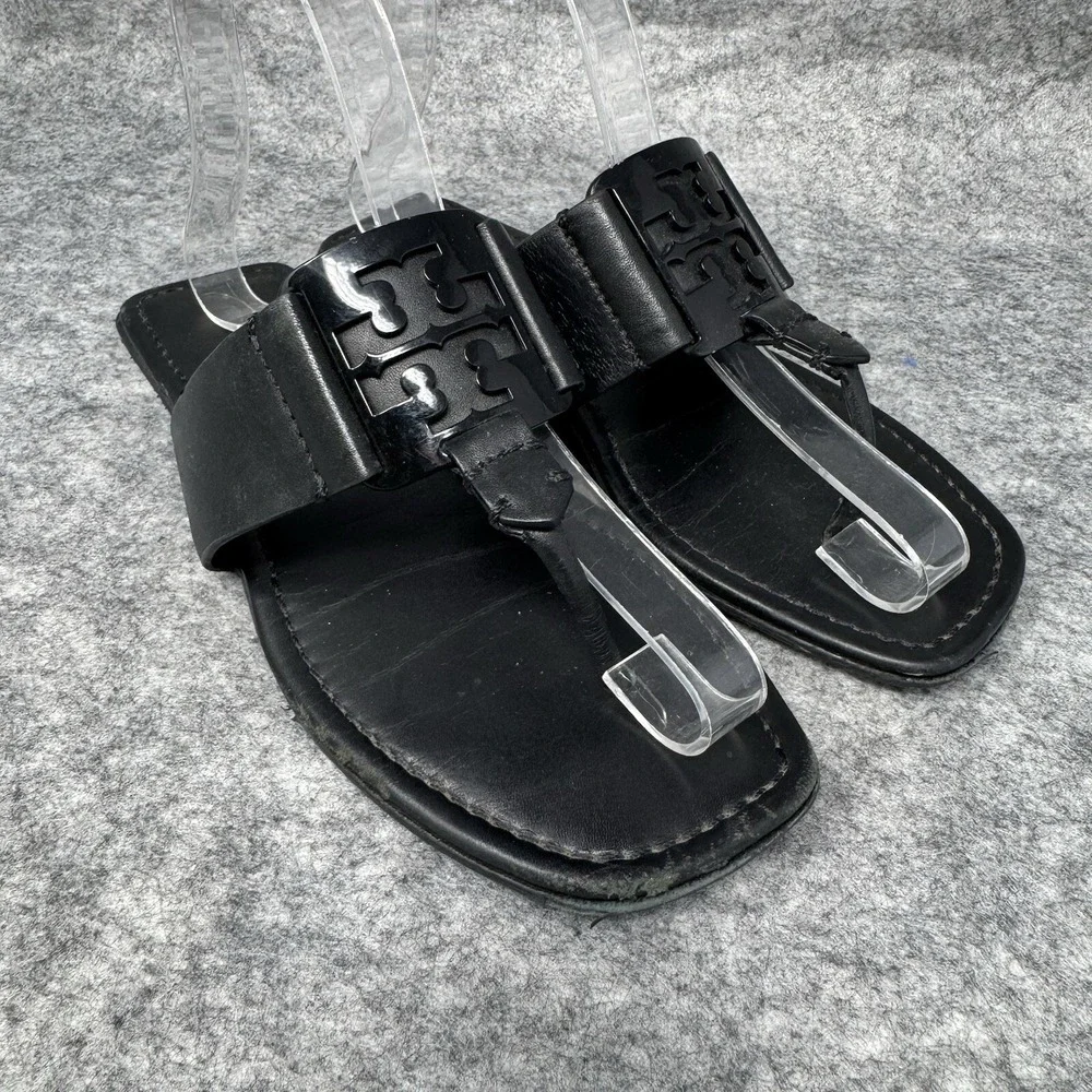 Tory Burch Georgia Thong Sandals Size 7 Calfskin Leather Perfect Black 84937